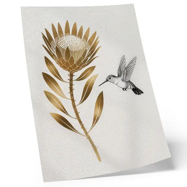 Poster para cozinha com motivo de beija-flor e flor em tons modernos