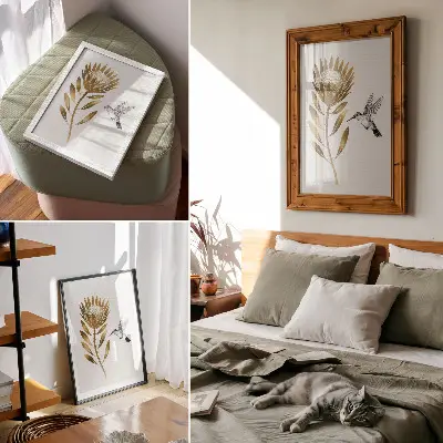 Poster para cozinha com motivo de beija-flor e flor em tons modernos