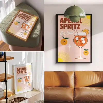 Poster para cozinha com letras de frutas sorridentes em amarelo e laranja