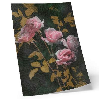 Impressão em tela Rosas cor-de-rosa, folhas verdes, detalhes dourados, elegância