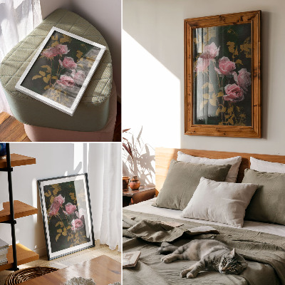 Impressão em tela Rosas cor-de-rosa, folhas verdes, detalhes dourados, elegância