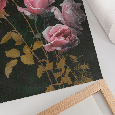 Impressão em tela Rosas cor-de-rosa, folhas verdes, detalhes dourados, elegância