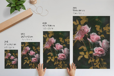 Impressão em tela Rosas cor-de-rosa, folhas verdes, detalhes dourados, elegância