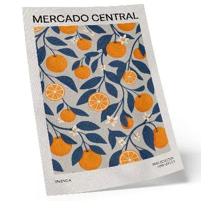 Poster decorativo com fundo cinza, tons alaranjados e folhas escuras em estilo moderno