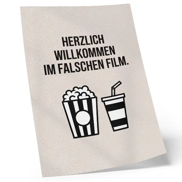 Poster decorativo com iconografia de texto significativa e fundo bege estilo cinema