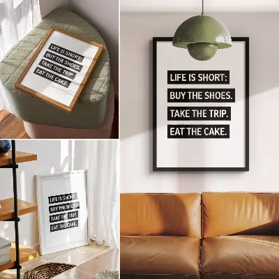 Poster para cozinha com letras sobre fundo preto e tipografia inspiradora