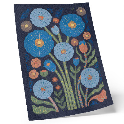 Poster para cozinha Flores azuis, detalhes em laranja, fundo azul marinho