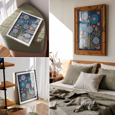 Poster para cozinha Flores azuis, detalhes em laranja, fundo azul marinho