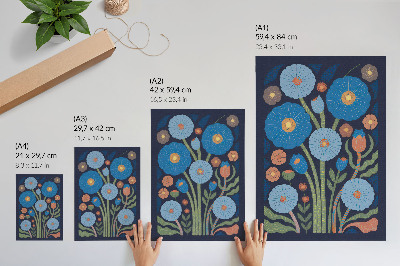 Poster para cozinha Flores azuis, detalhes em laranja, fundo azul marinho
