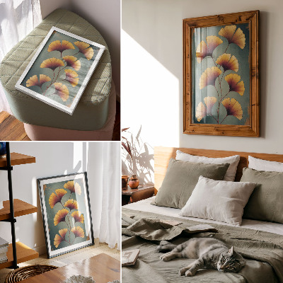Poster decorativo Folhas amarelas em fundo turquesa com um toque moderno.