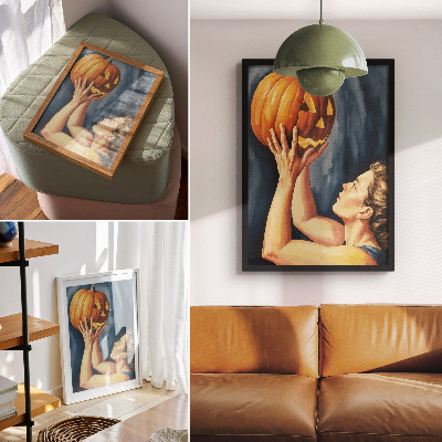 Poster para cozinha Abóbora laranja, fundo azul escuro, surrealismo
