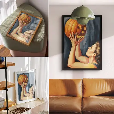 Poster para cozinha abóbora laranja sobre fundo azul escuro em estilo surrealista