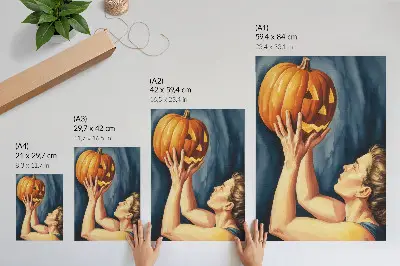 Poster para cozinha abóbora laranja sobre fundo azul escuro em estilo surrealista