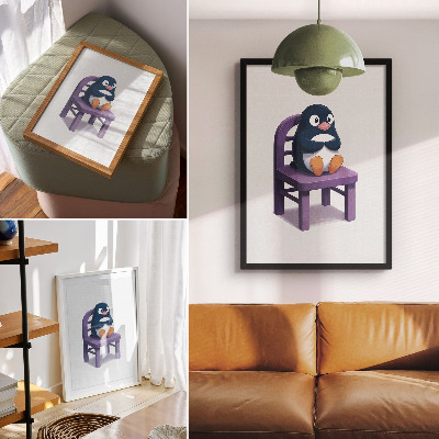Impressão em tela Pinguim roxo em uma cadeira. Alegria e minimalismo.