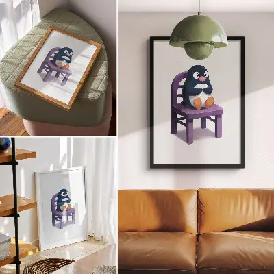 Impressão em tela pinguim roxo em uma cadeira com estilo alegre e minimalista