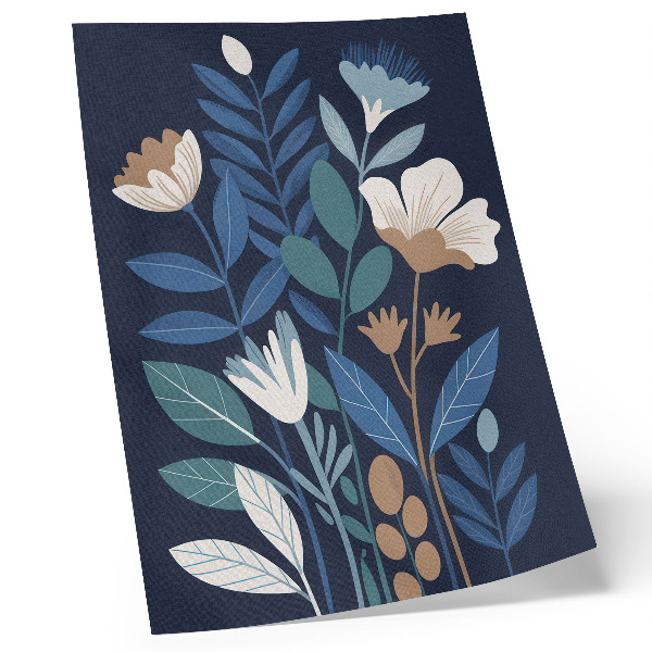 Poster decorativo Folhas azuis, flores creme, detalhes em marrom.