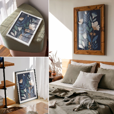 Poster decorativo Folhas azuis, flores creme, detalhes em marrom.