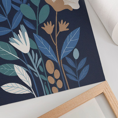 Poster decorativo Folhas azuis, flores creme, detalhes em marrom.