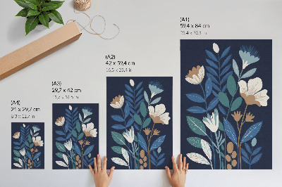 Poster decorativo Folhas azuis, flores creme, detalhes em marrom.