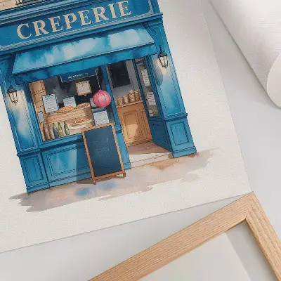 Poster decorativo fachada azul de um café em rua charmosa