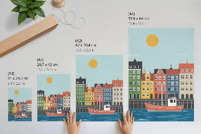 Poster para cozinha casas coloridas em prédios residenciais com barco em dia ensolarado