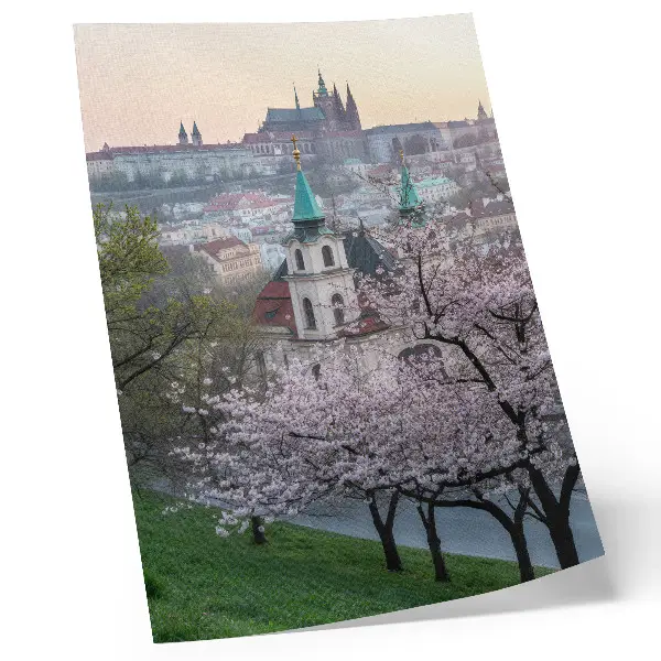 Poster decorativo na primavera, com a cidade repleta de árvores floridas e torres de igrejas