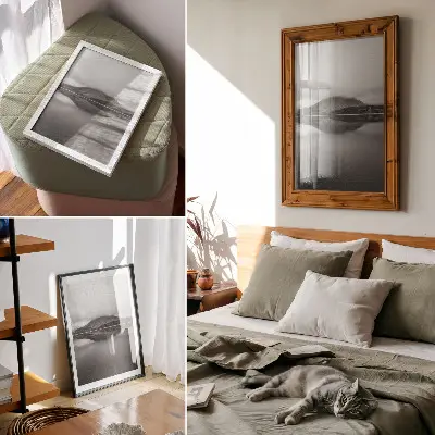 Poster para cozinha com tons de cinza, montanhas e reflexo do lago