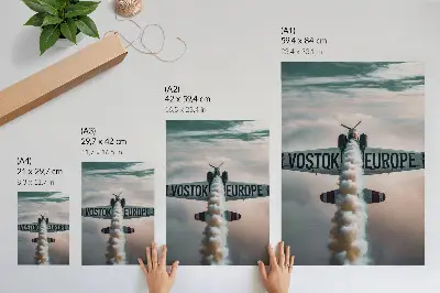 Poster decorativo avião sobre as nuvens com paleta de cores suaves e dinamismo