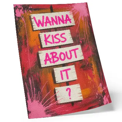 Poster decorativo com fundo colorido e letras rosa