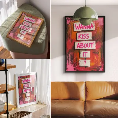 Poster decorativo com fundo colorido e letras rosa