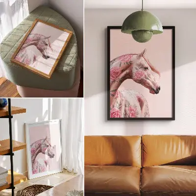 Poster para cozinha cavalo com estampa de flores em estilo romântico moderno