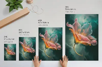 Poster para cozinha com fundo turquesa de flores surreais coloridas
