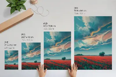 Poster decorativo com um campo colorido de papoulas sob um céu flamejante
