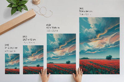 Poster decorativo Um campo colorido de papoulas sob um céu flamejante.