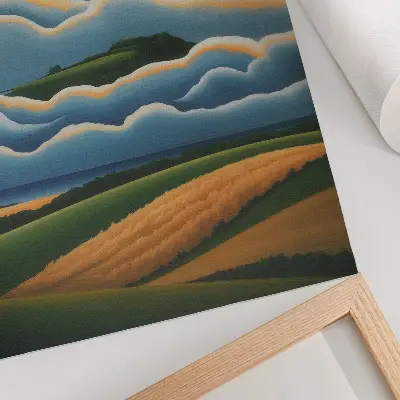 Impressão em tela ondas, colinas verdes e céu em tons pastel