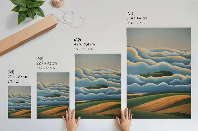 Impressão em tela ondas, colinas verdes e céu em tons pastel