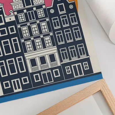 Arte de parede prédios residenciais com estética moderna em fundo colorido