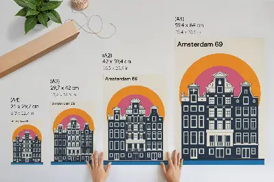 Arte de parede prédios residenciais com estética moderna em fundo colorido