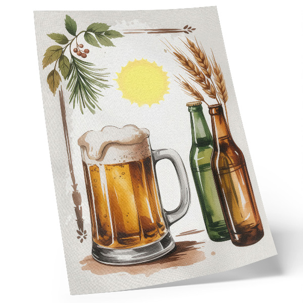 Poster decorativo Uma caneca de cerveja com garrafas, folhas e sol.