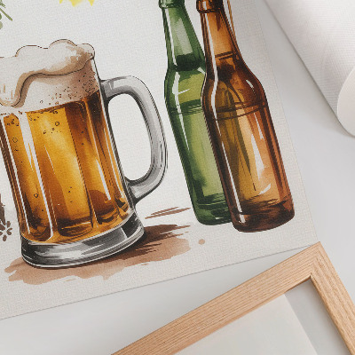 Poster decorativo Uma caneca de cerveja com garrafas, folhas e sol.