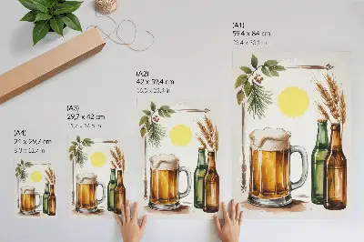Poster decorativo ilustração de caneca de cerveja com garrafas, folhas e sol