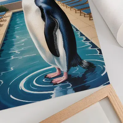 Poster para cozinha piscina dos pinguins com palmeiras e mar para relaxamento