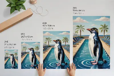 Poster para cozinha piscina dos pinguins com palmeiras e mar para relaxamento