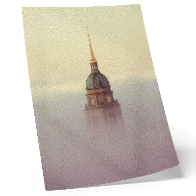 Poster decorativo torre na neblina com cores delicadas e composição serena