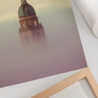 Poster decorativo torre na neblina com cores delicadas e composição serena