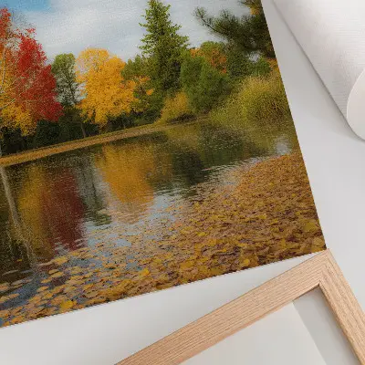 Poster para cozinha árvores coloridas à beira do lago com clima de outono