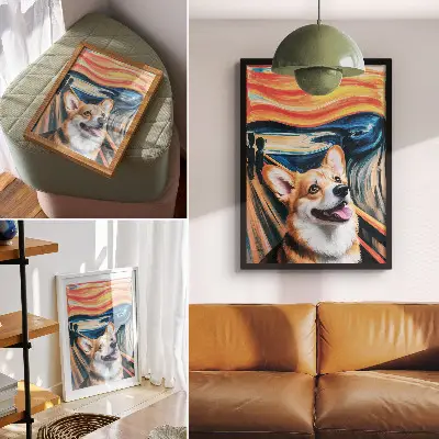 Poster decorativo com cachorro fofo, cores vibrantes e contrastes marcantes