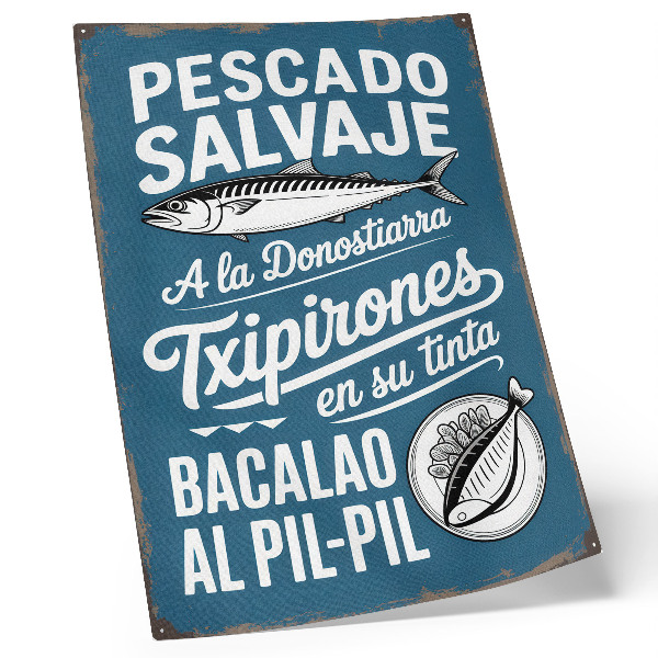 Poster decorativo Motivo retrô de peixe e inscrições em fundo azul.