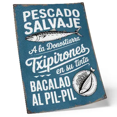 Poster decorativo com motivo retrô de peixe e inscrições em fundo azul