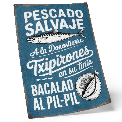 Poster decorativo Motivo retrô de peixe e inscrições em fundo azul.